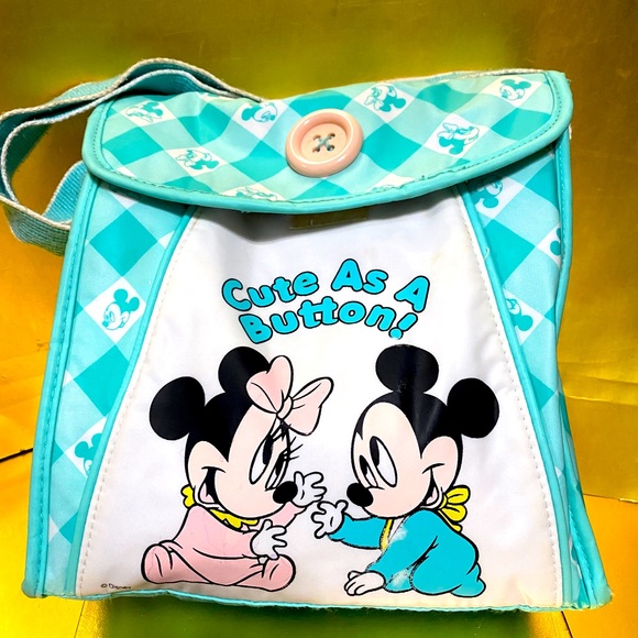 DISNEY BABIES VTG 90’s MICKEY & MINNIE CUTE AS A BUTTON INSULATED BOTTLE TOTE - Picture 1 of 12